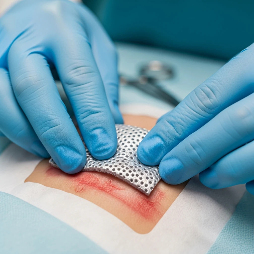 کارشناس زخم در حال تعویض پانسمان نوین یک بیمار در کلینیک زخم؛ تصویری که نشان‌دهنده مراقبت دقیق و بهداشتی از زخم است. 
