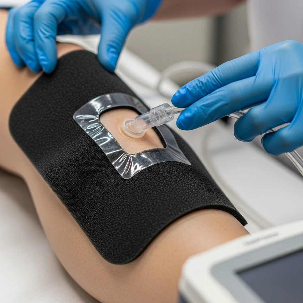 تصویر کلوزآپ از درمان زخم با فشار منفی (وکیوم تراپی) که در آن پانسمان مخصوص به دستگاه متصل شده و یک متخصص در حال تنظیم آن است. 
