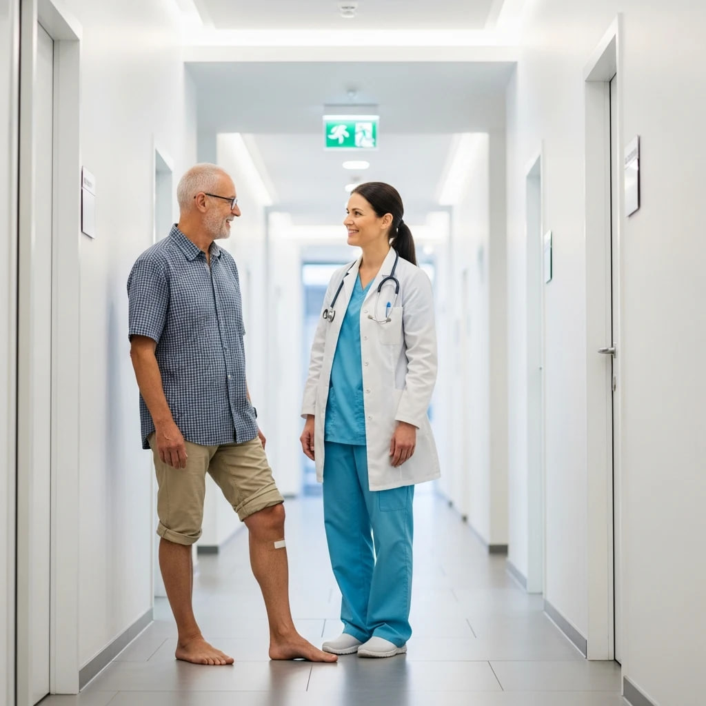 یک بیمار خوشحال که پس از درمان موفقیت‌آمیز در کلینیک زخم، بدون نیاز به پانسمان، در حال قدردانی از متخصص خود است. 

