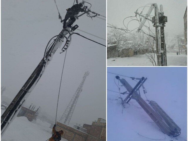 خسارات گسترده برف به شبکه برق سقز و بانه؛ ۳۰۰ اصله تیر برق شکسته شد