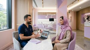 یک دندان‌پزشک متخصص با لبخند در محیطی لوکس و آرامش‌بخش، در حال تعامل با بیمار.