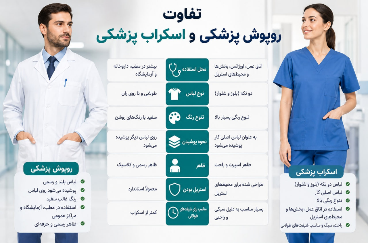 تفاوت روپوش پزشکی و اسکراب پزشکی؛ کدام انتخاب بهتری برای کادر درمان است؟